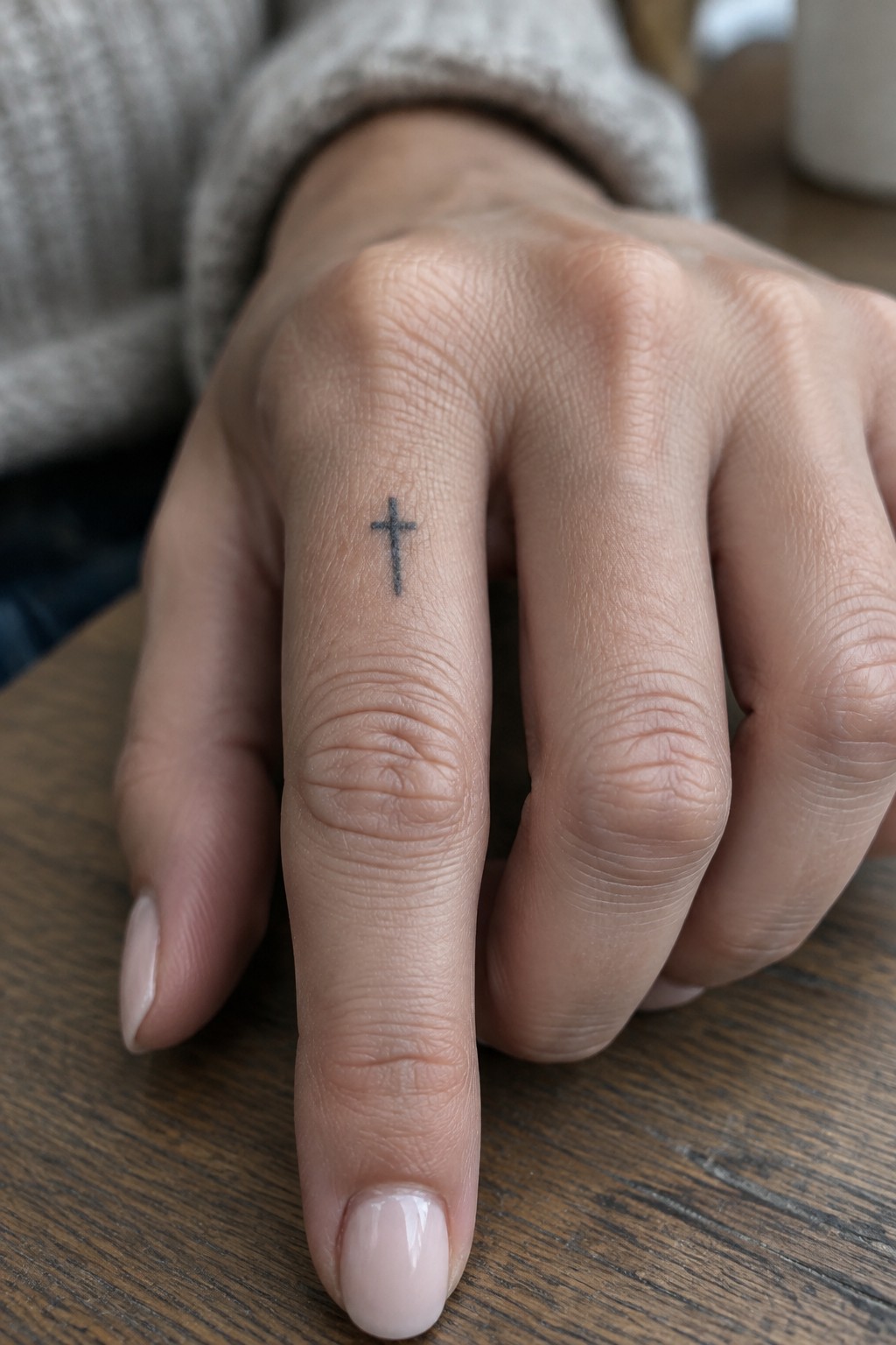 Hand with small cross tattoo on finger, light pink nails, gray knit sweater on wood