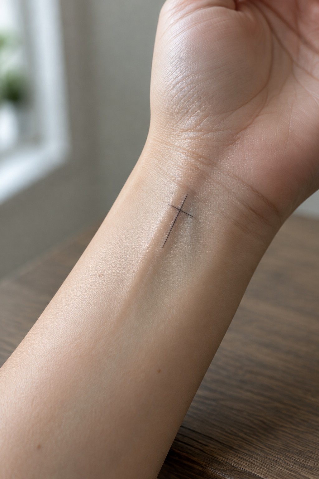 Small black cross tattoo on light-skinned inner wrist above wooden surface