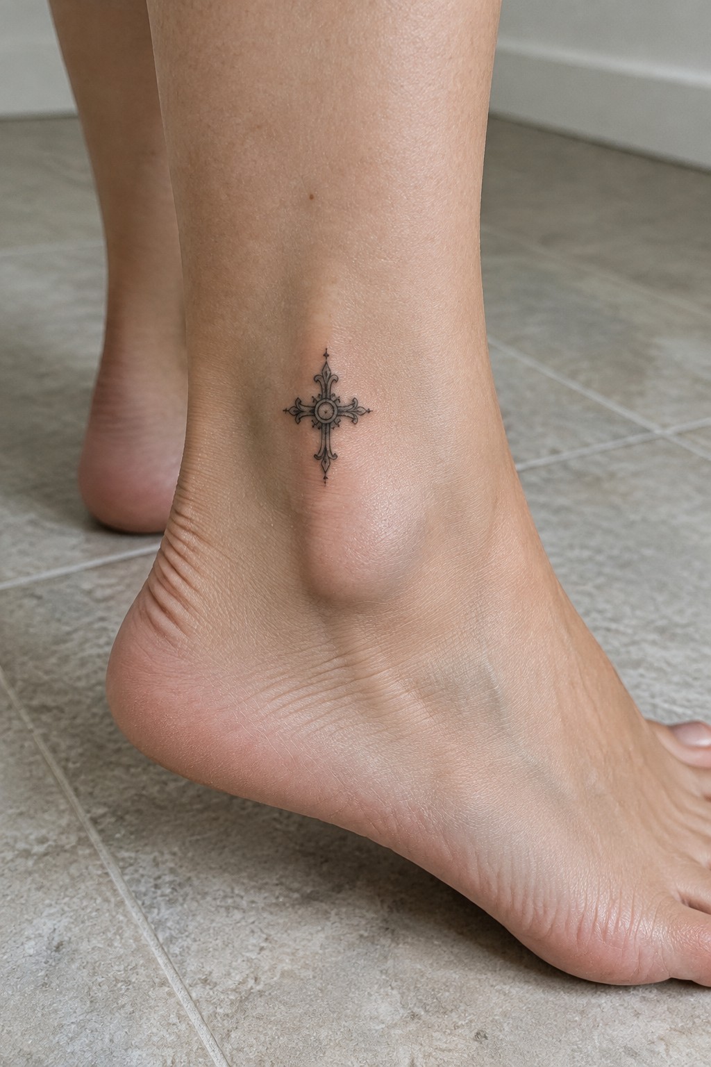 Ornate black cross tattoo on bare ankle over light tiled floor