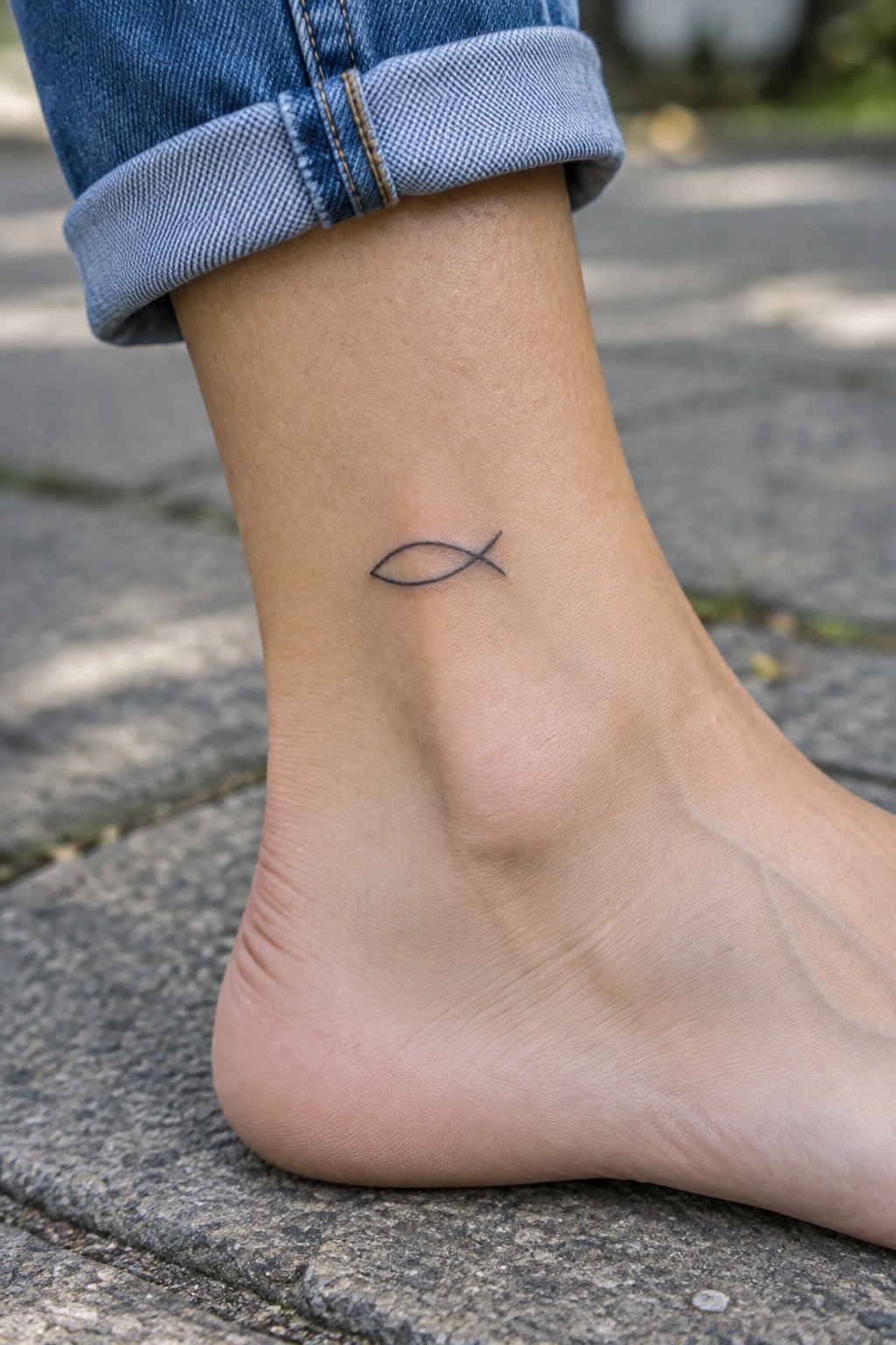Ankle with small fish tattoo under rolled cuff of blue jeans on pavement