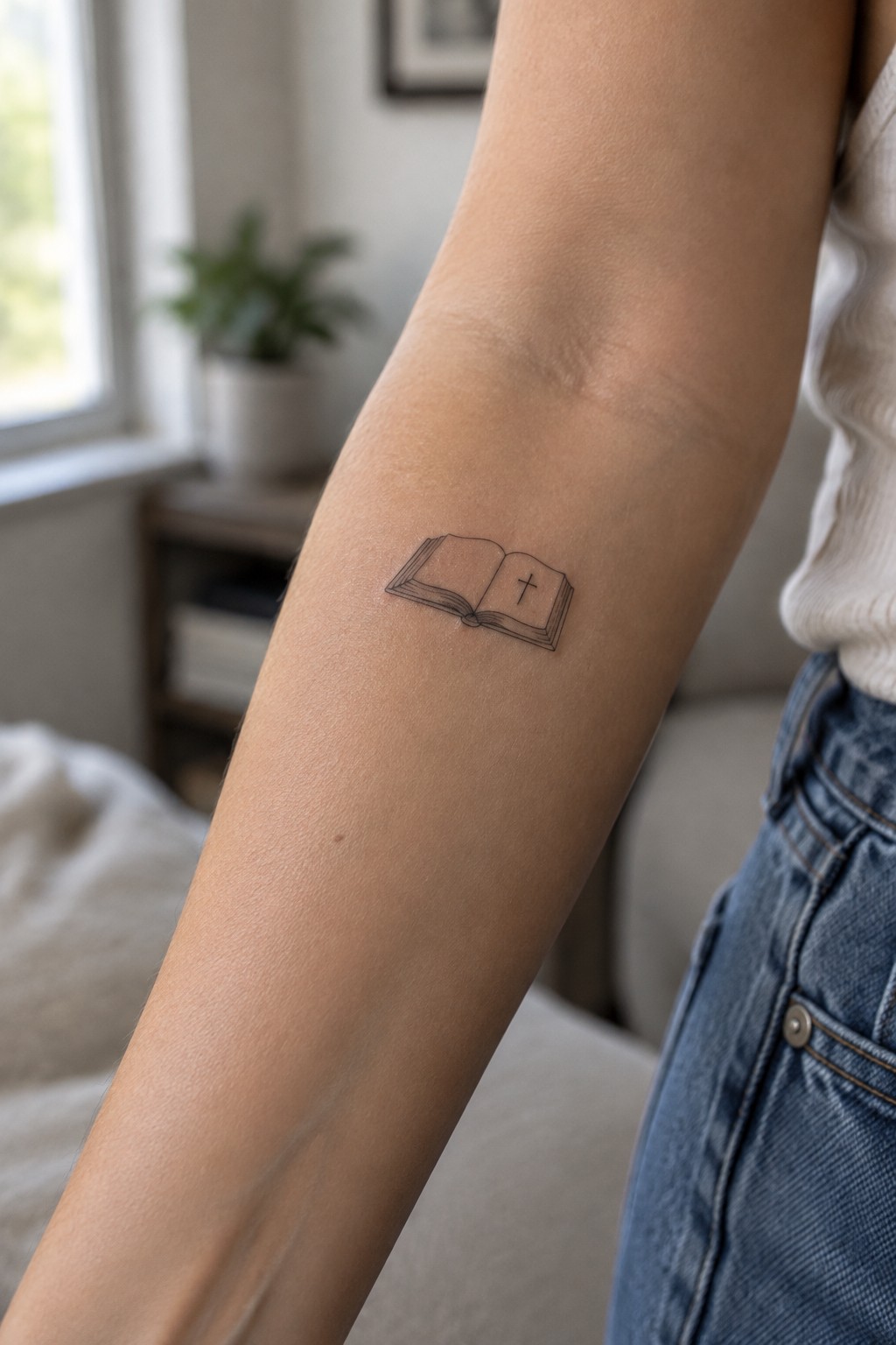 Minimalist line tattoo of an open book with a cross on the inner forearm