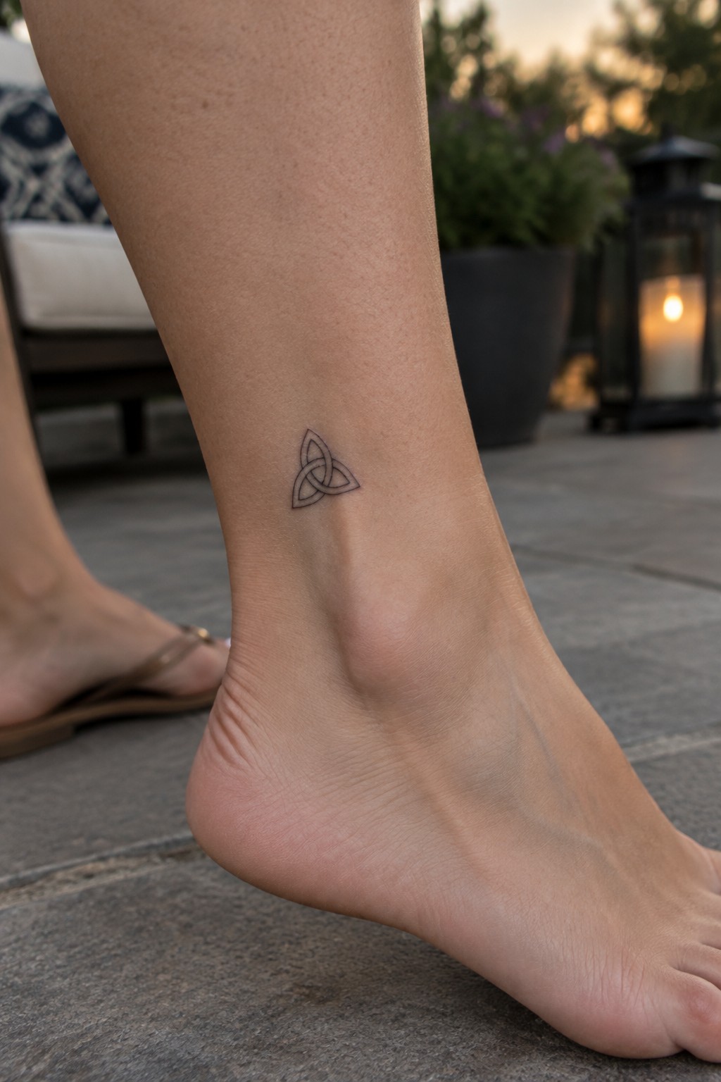 Celtic triquetra tattoo on bare ankle above foot on stone patio at dusk