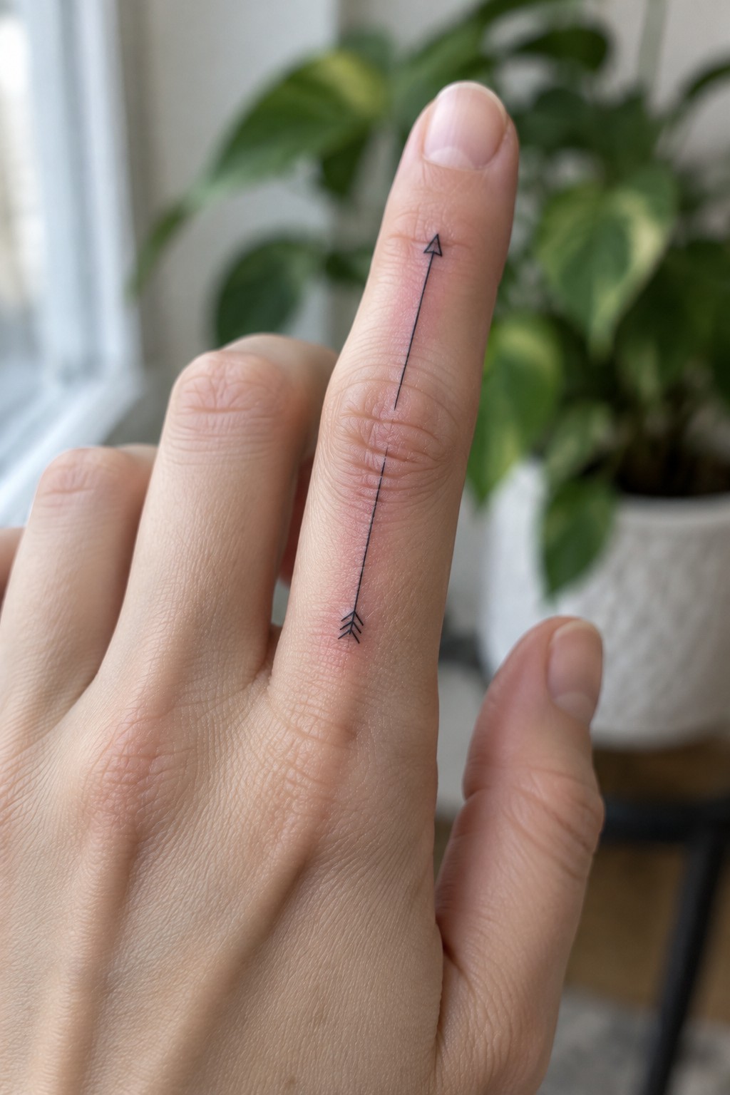 Hand with black arrow tattoo pointing upward along index finger, plant background.
