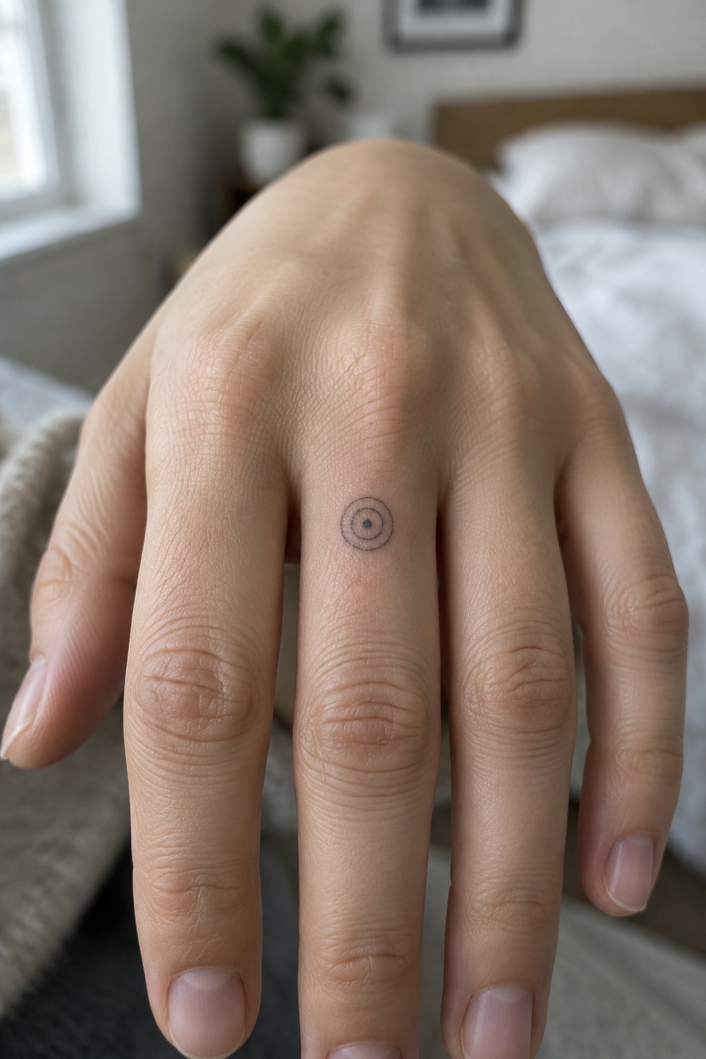 Small minimalist tattoo of concentric circles with a center dot on the middle finger