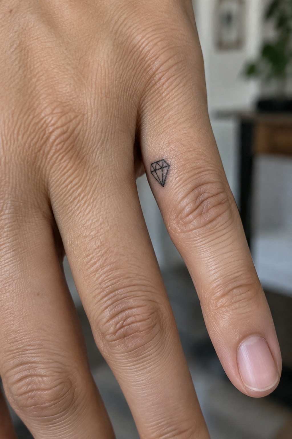 Close-up of light skin hand with small black diamond tattoo on finger