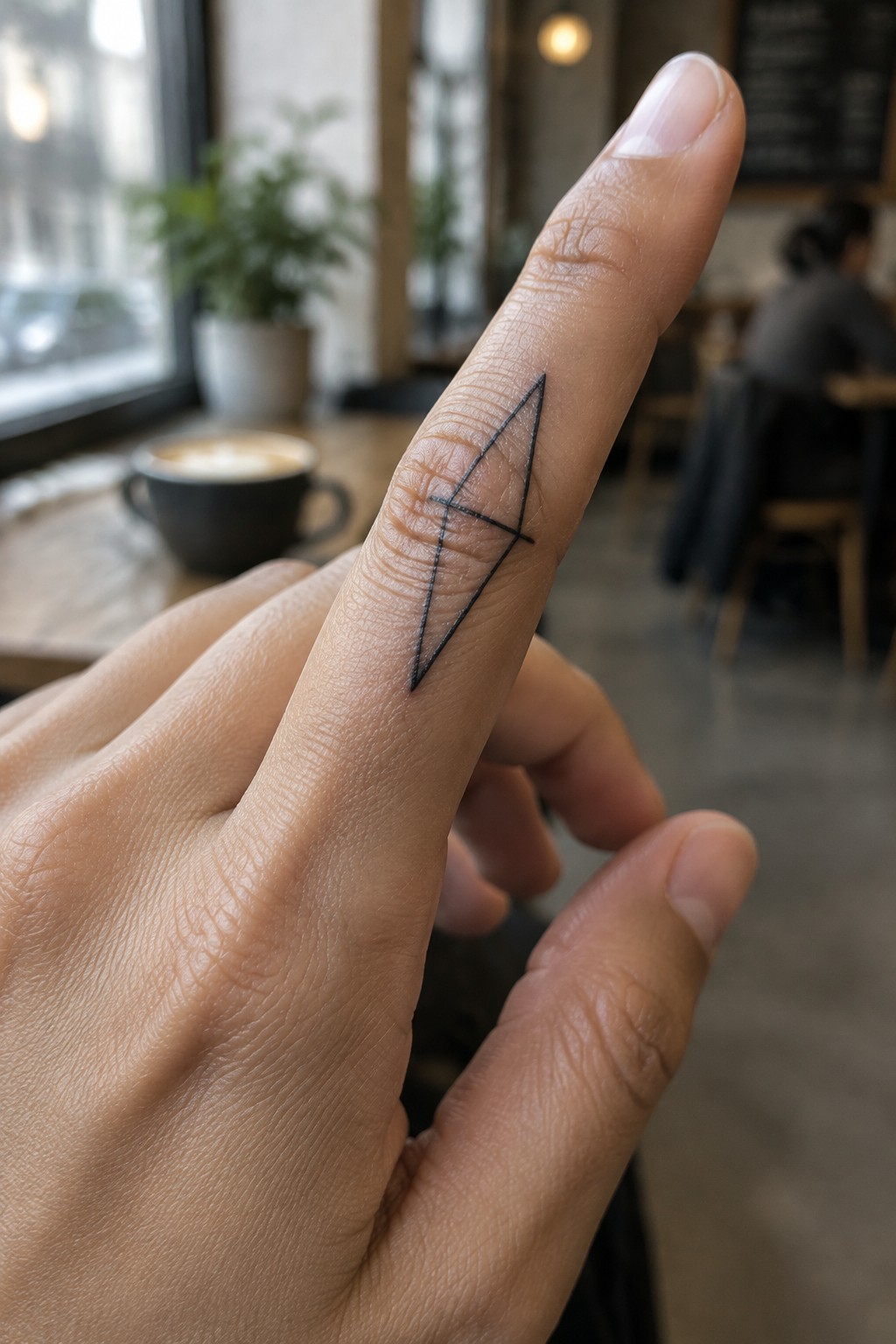 Hand with black geometric line tattoo on index finger in cafe