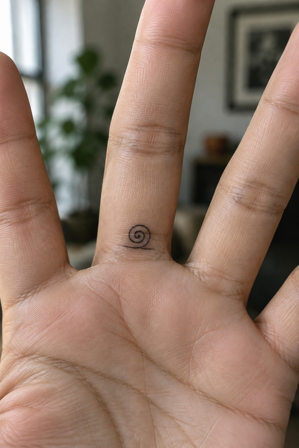 Open palm with small black spiral snail tattoo on middle finger.