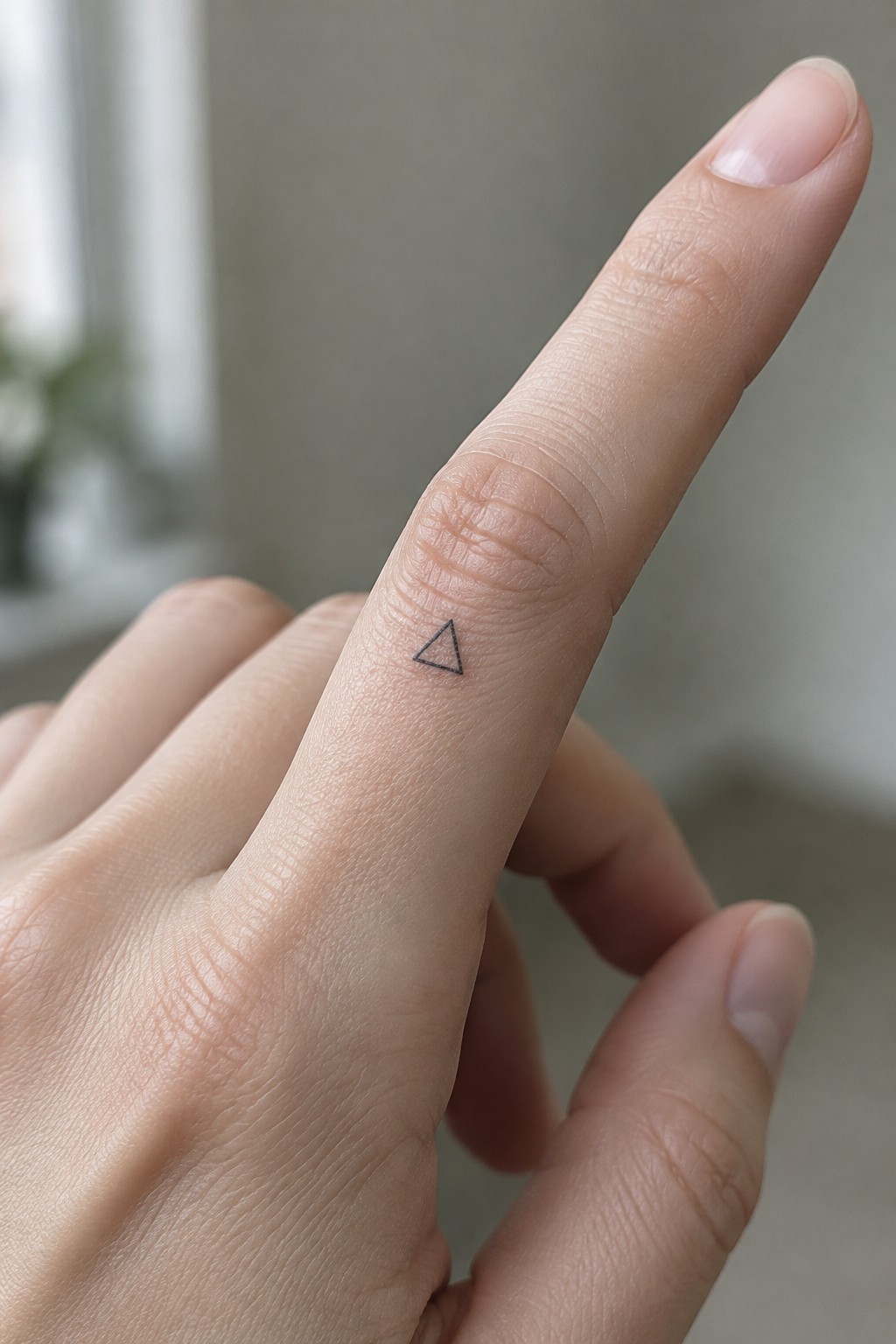 Close up of a tiny black outline triangle tattoo on the side of a finger.