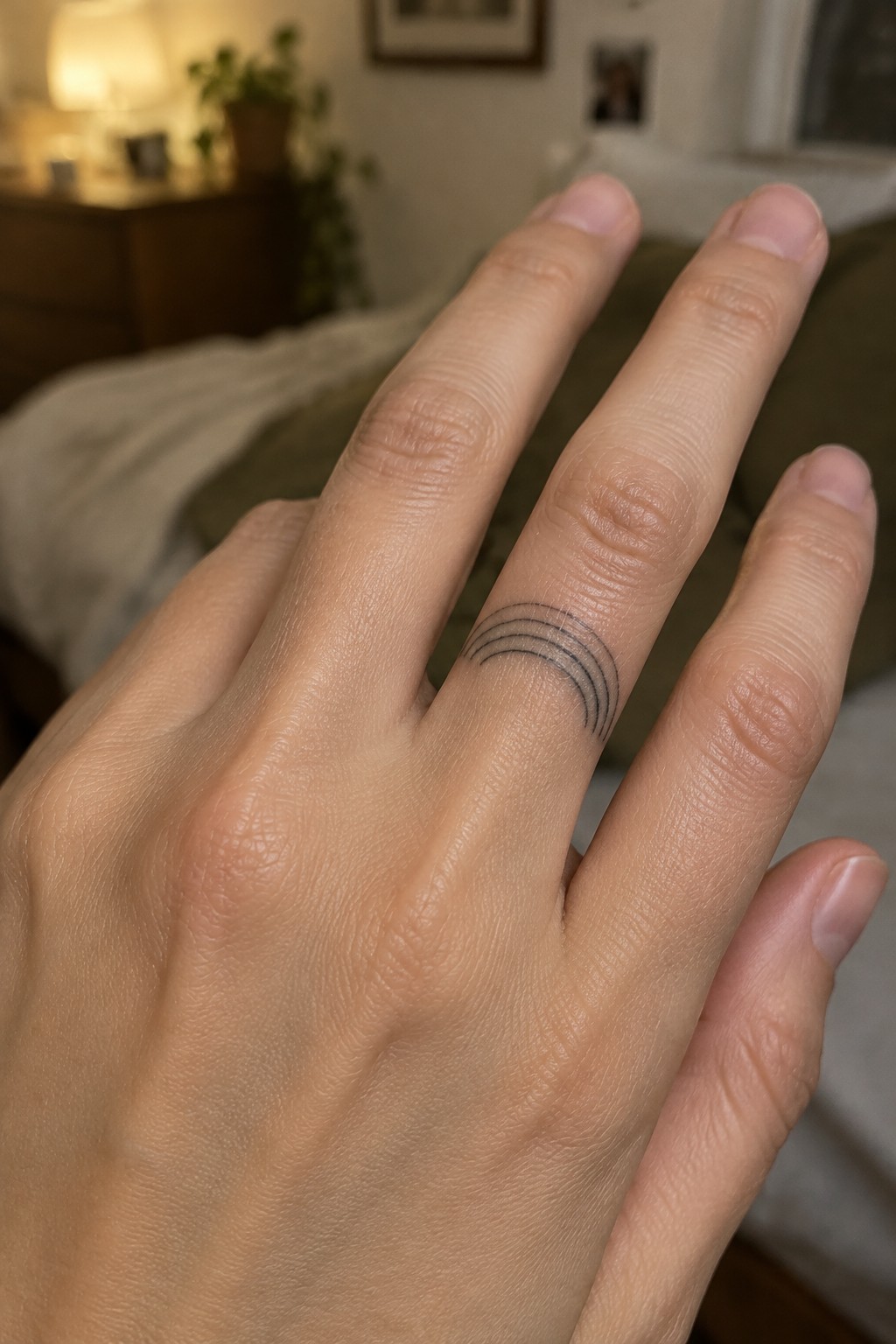 Hand with three curved black lines tattooed on ring finger
