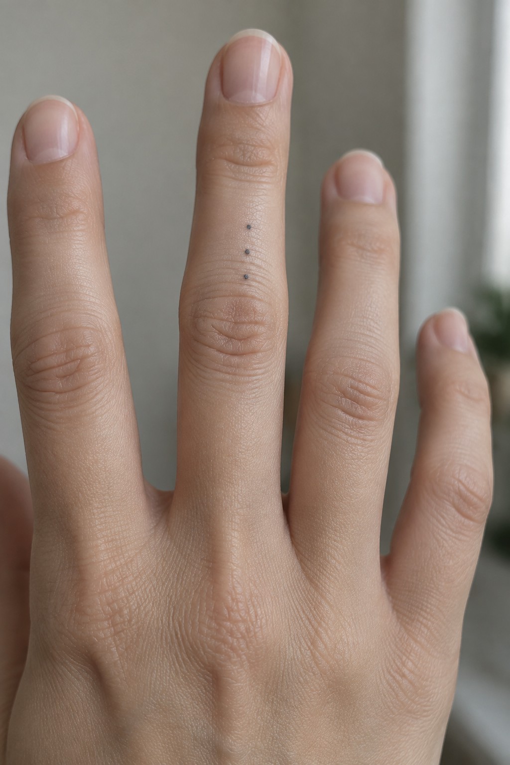 Light-skinned hand with three small black dots tattooed vertically on middle finger.