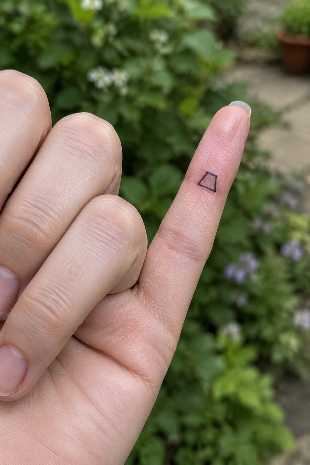 Hand's index finger with small black geometric outline tattoo against blurred greenery