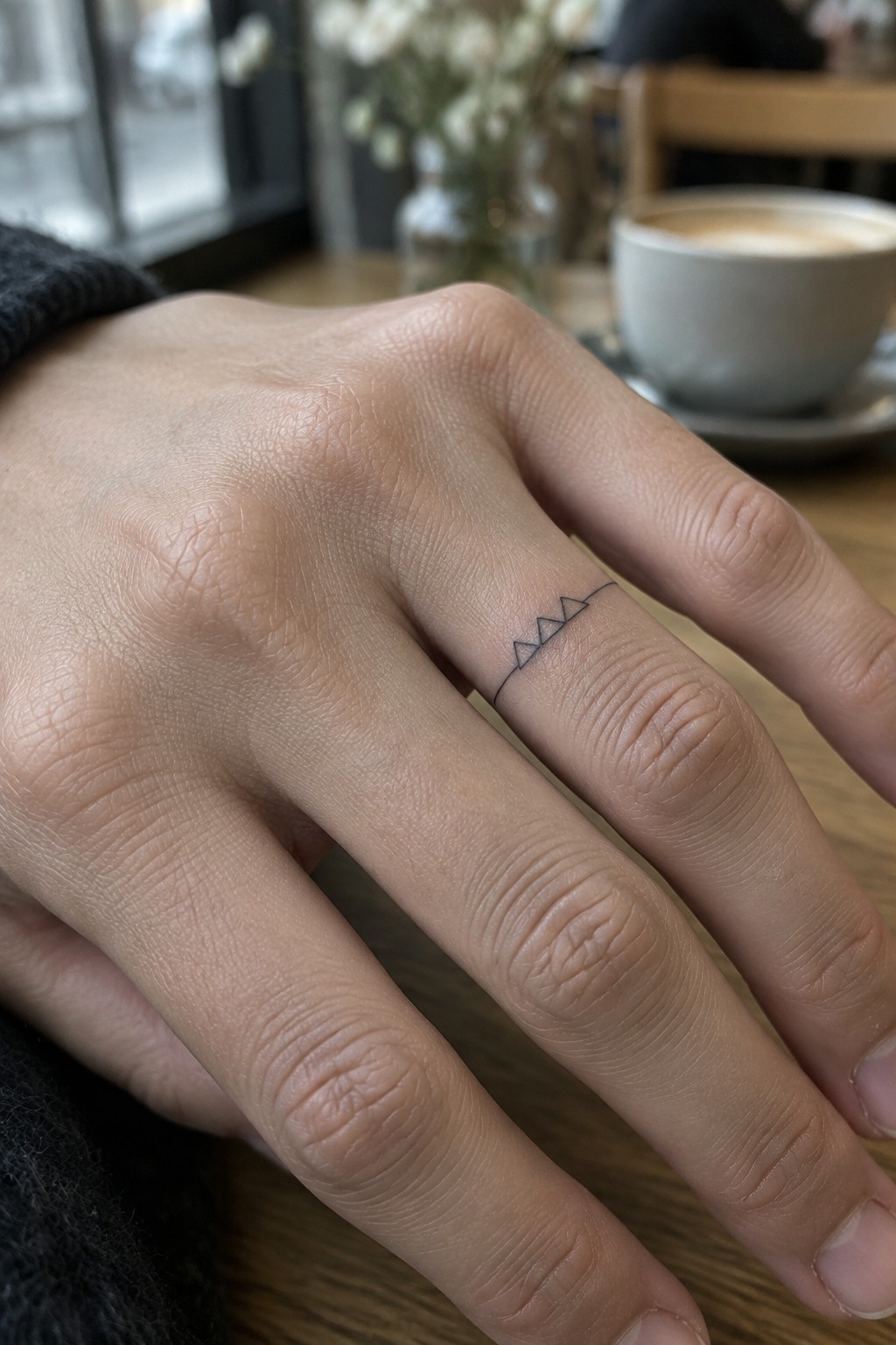 Hand with black line tattoo of peaks on ring finger beside coffee cup on wood table
