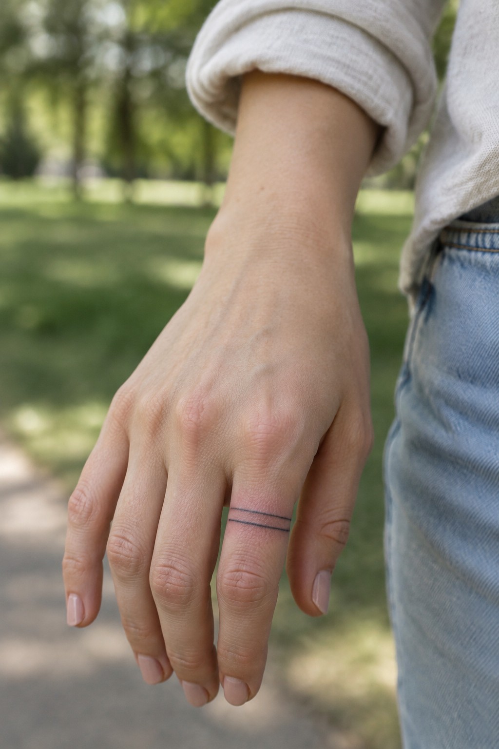 Hand with two parallel line tattoo on ring finger, beige shirt sleeve and blue jeans outdoors.