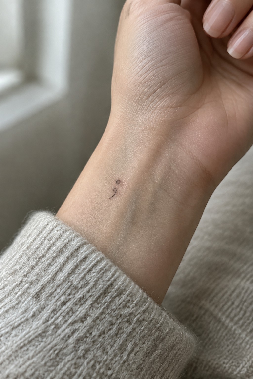Tiny fine-line comma tattoo on the inner wrist.