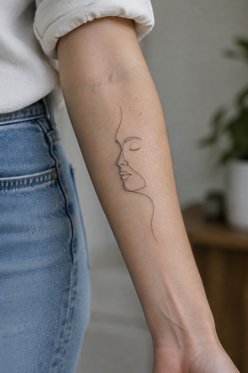 Fine line tattoo of a minimalist face profile on the inner forearm.