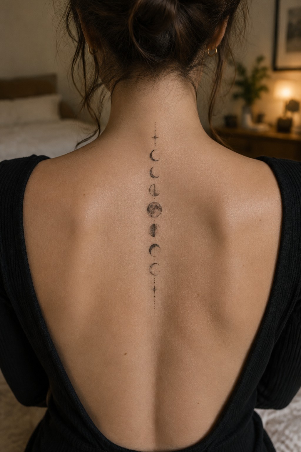 Fine-line black tattoo of moon phases, small stars, and dots arranged vertically down a woman’s upper back.