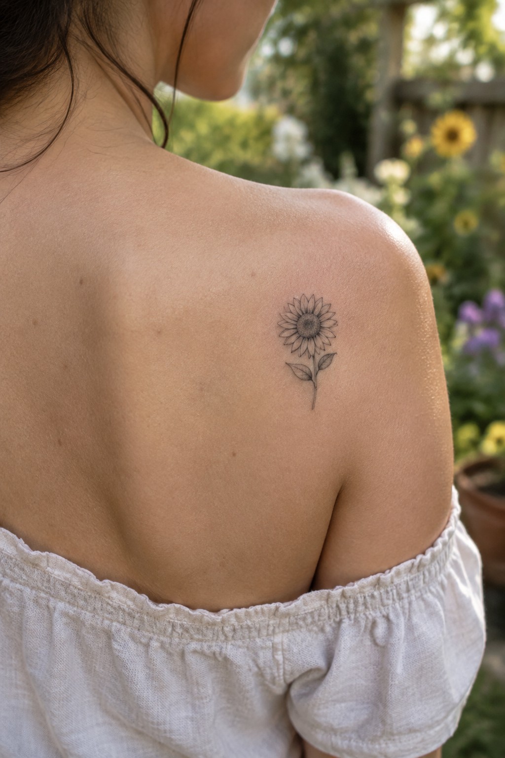 Small fine line sunflower tattoo on a woman’s upper back near her shoulder.