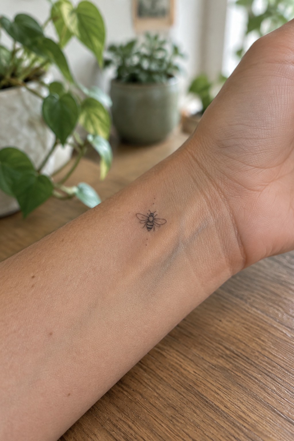 Small fine-line bee tattoo on the inner wrist above a wooden table.