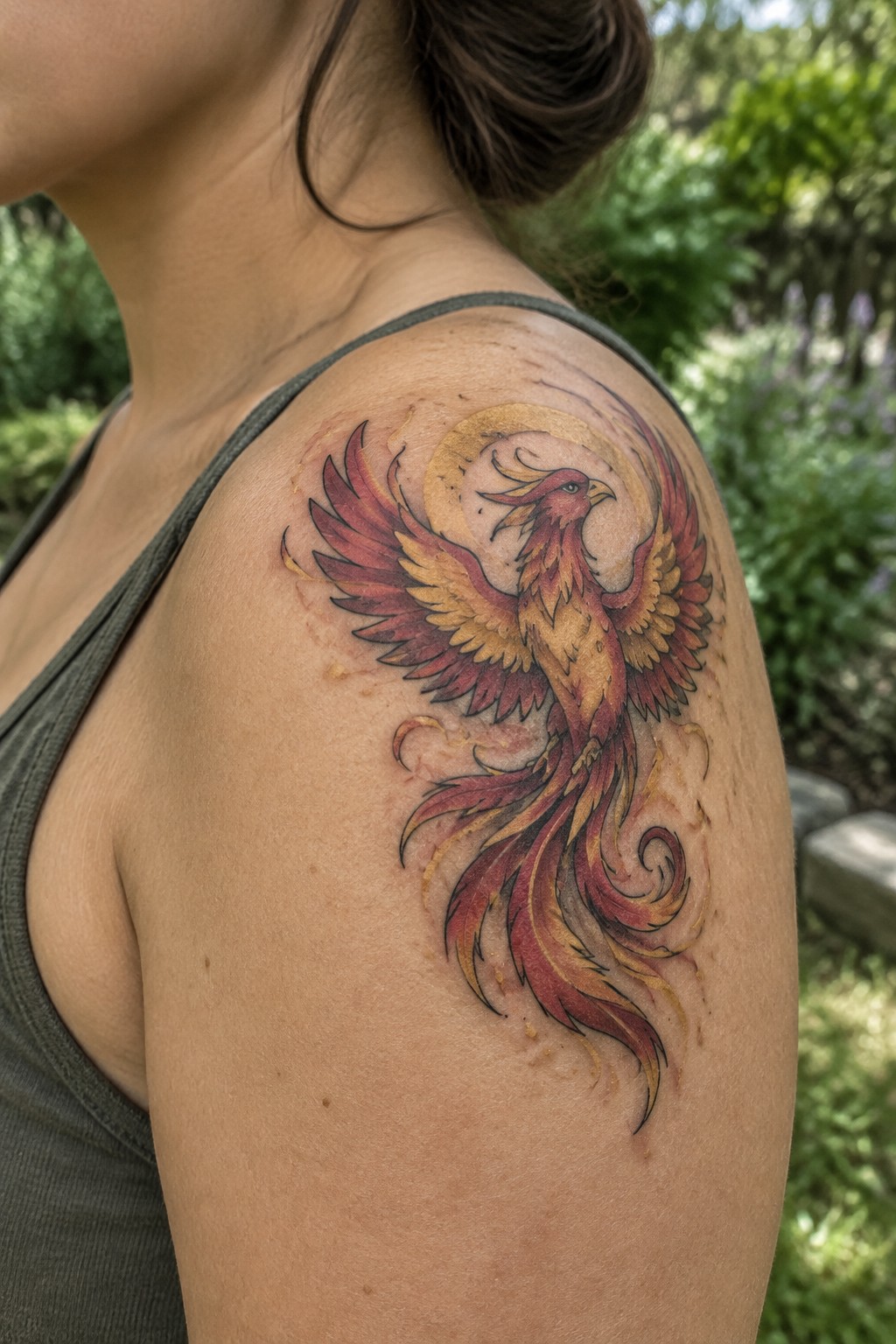 Colorful phoenix tattoo with outstretched wings and a curling tail on a woman’s upper arm.