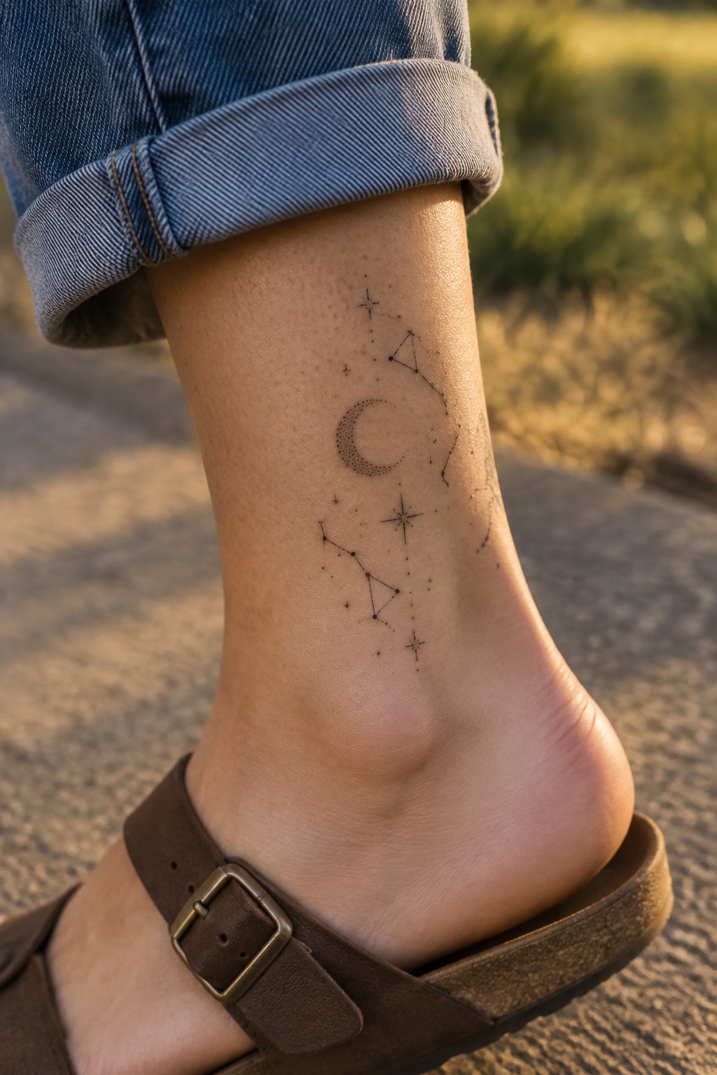 Fine-line crescent moon, stars, and constellation tattoo on an ankle above a brown sandal.