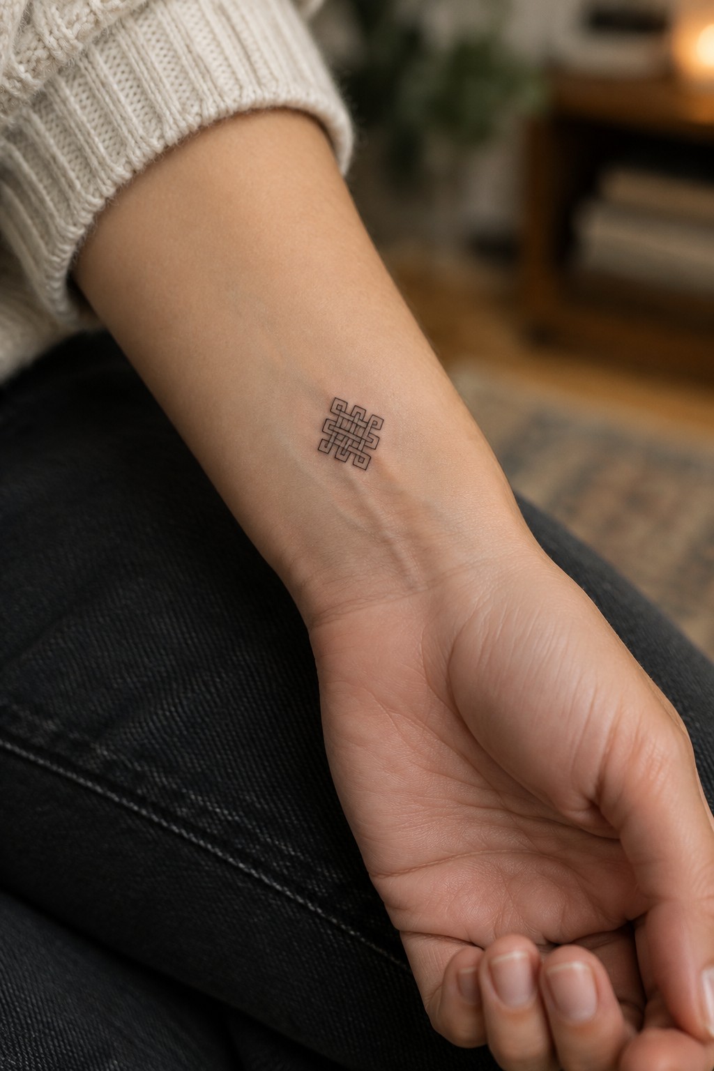 Small black outline endless knot tattoo on the inner wrist, above the palm.