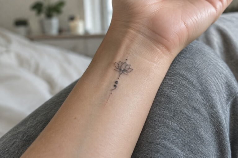 20 Powerful Meaningful Symbol Tattoos for Women Inspired by Resilience and Inner Strength Small fine-line lotus and semicolon tattoo with dotted accents on the inner wrist.