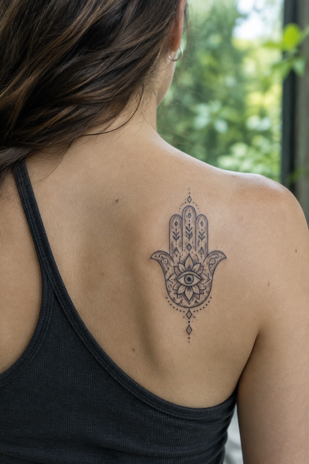 Fine-line Hamsa hand tattoo with an eye and floral details centered on a woman’s upper back.