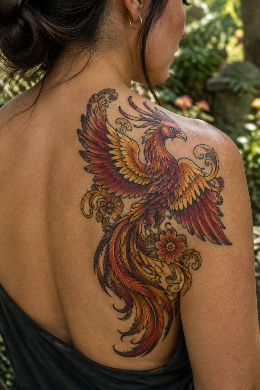Large red and gold phoenix tattoo with floral details across a woman’s shoulder blade and upper back.
