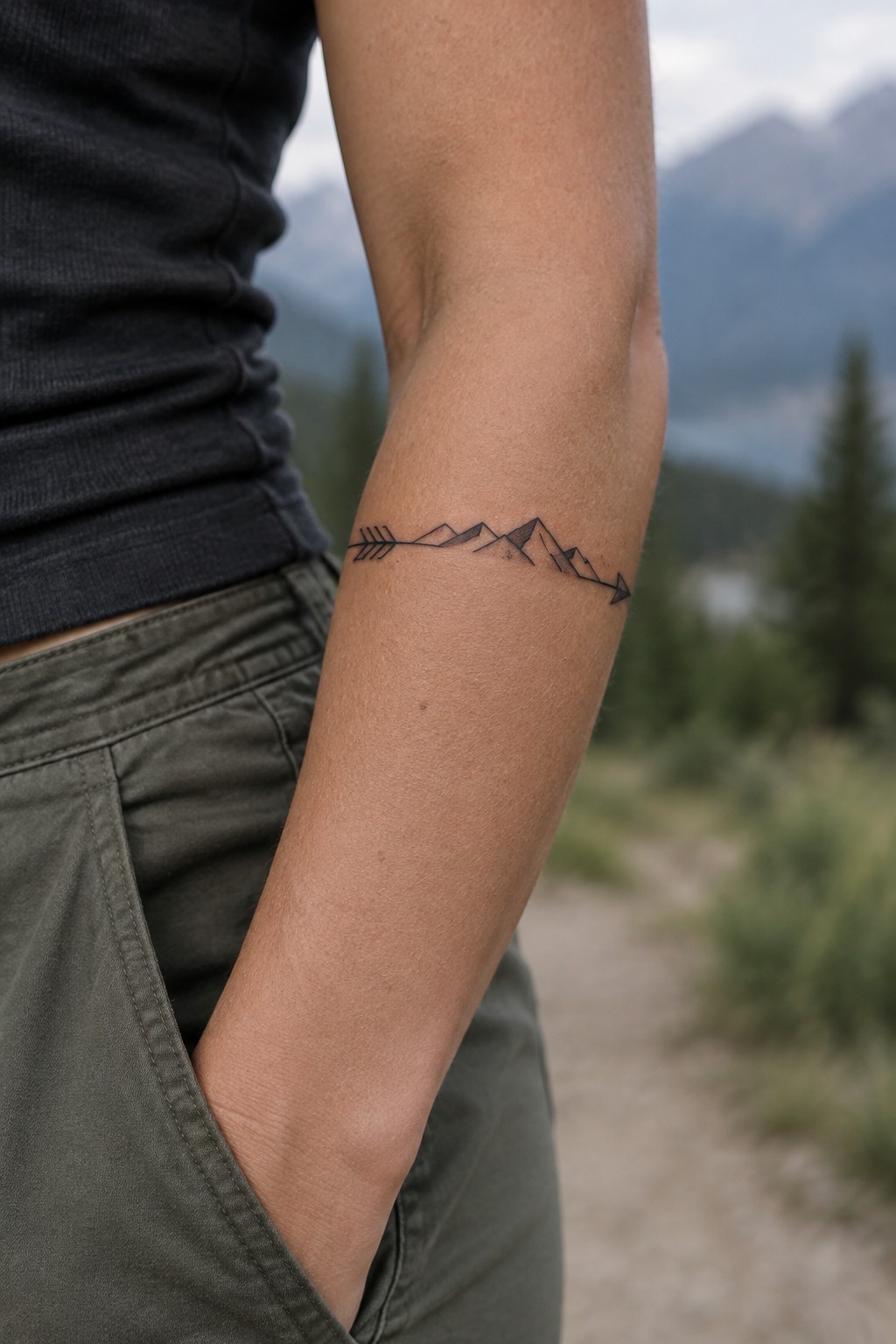 Fine-line black arrow tattoo with a small mountain range along its shaft, placed across a woman’s forearm.