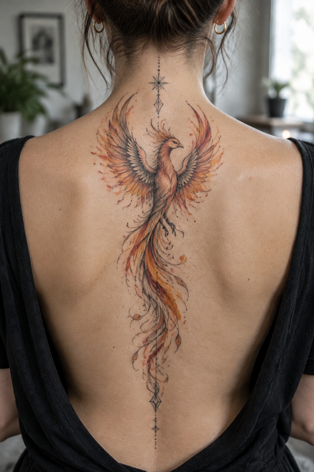 A woman’s back with a large rust and black phoenix tattoo extending down the spine, framed by small geometric symbols.