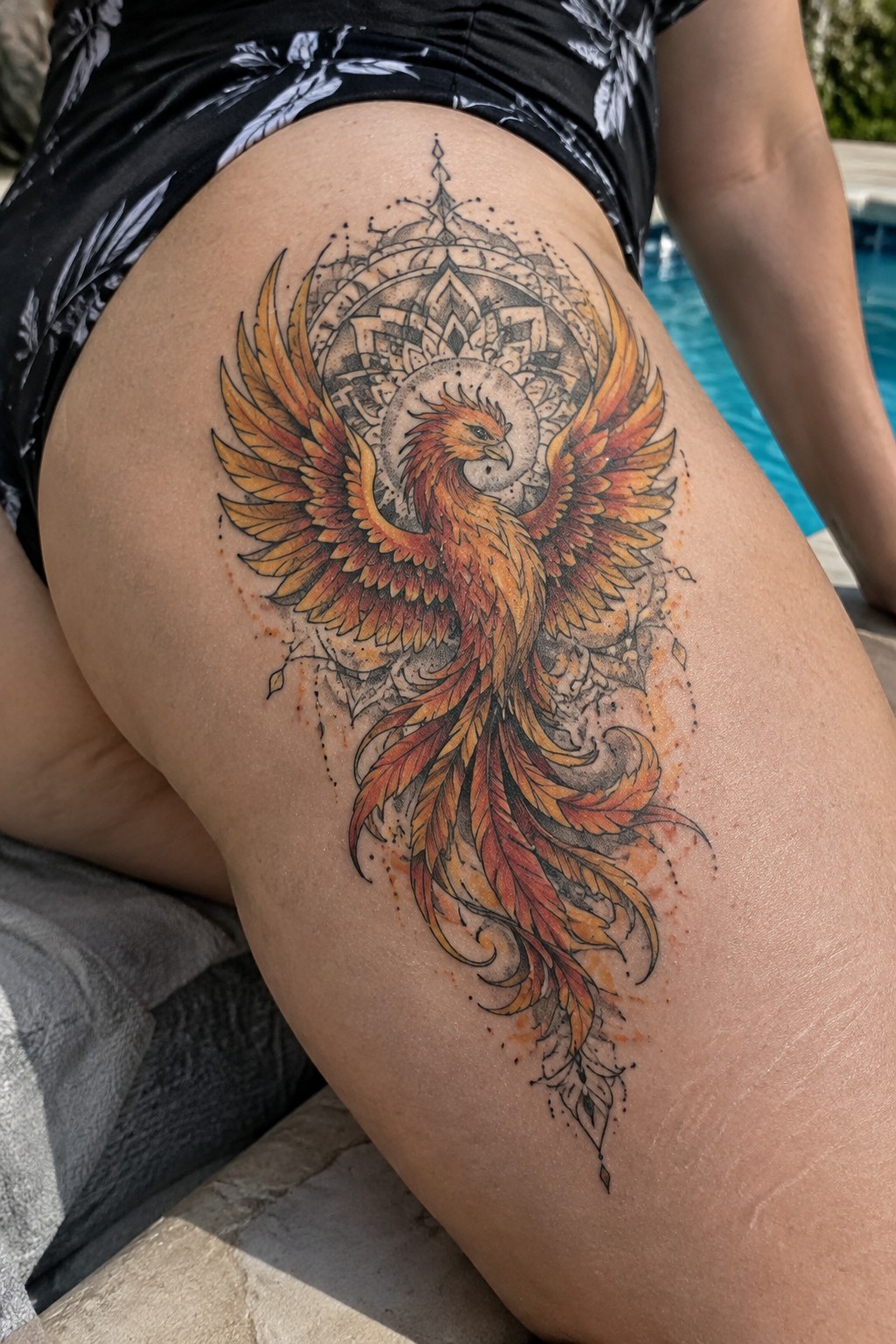 Large orange and red phoenix tattoo with a black and gray mandala background on the thigh.