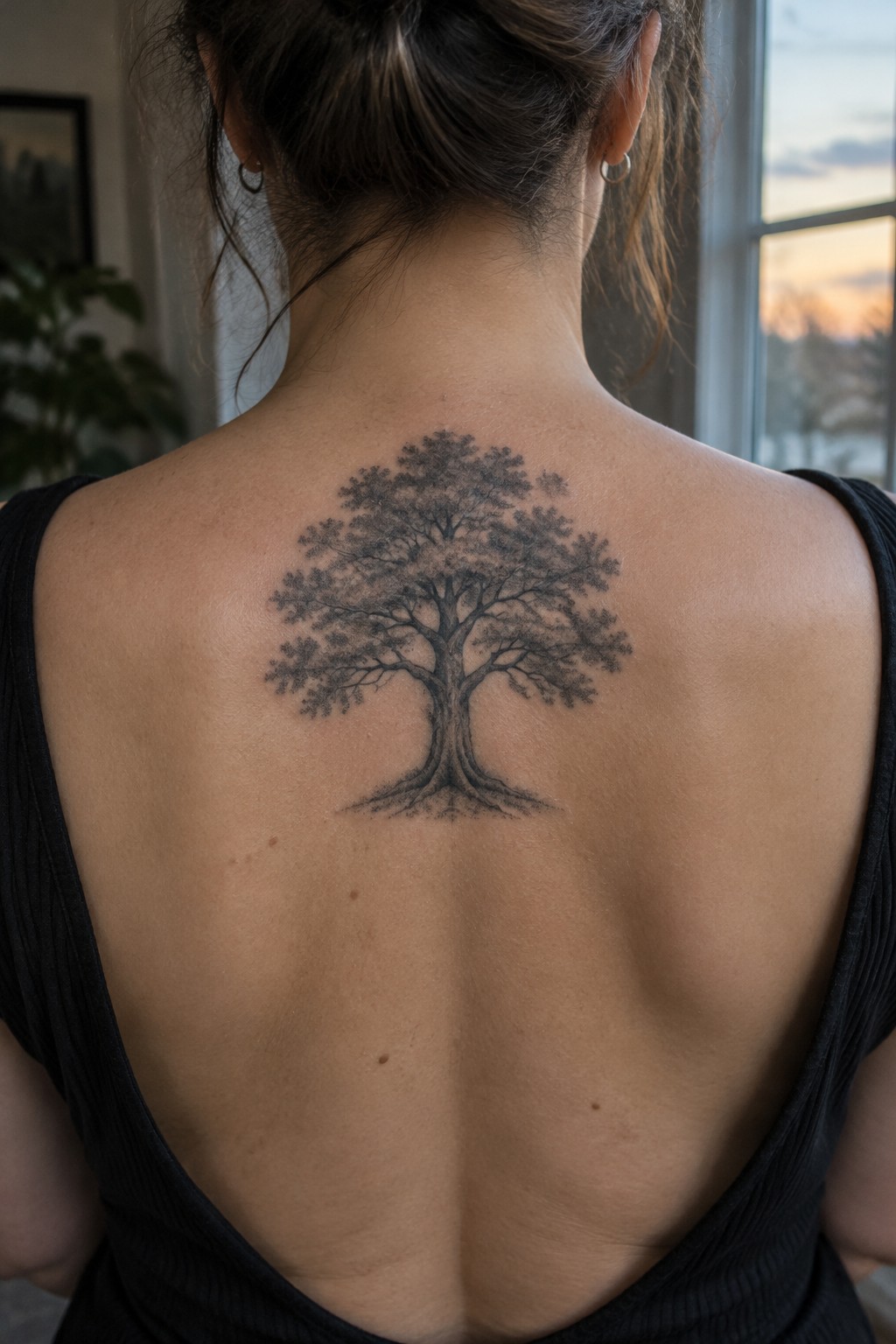 Black and gray tree tattoo with spreading branches and exposed roots centered on a woman’s upper back.