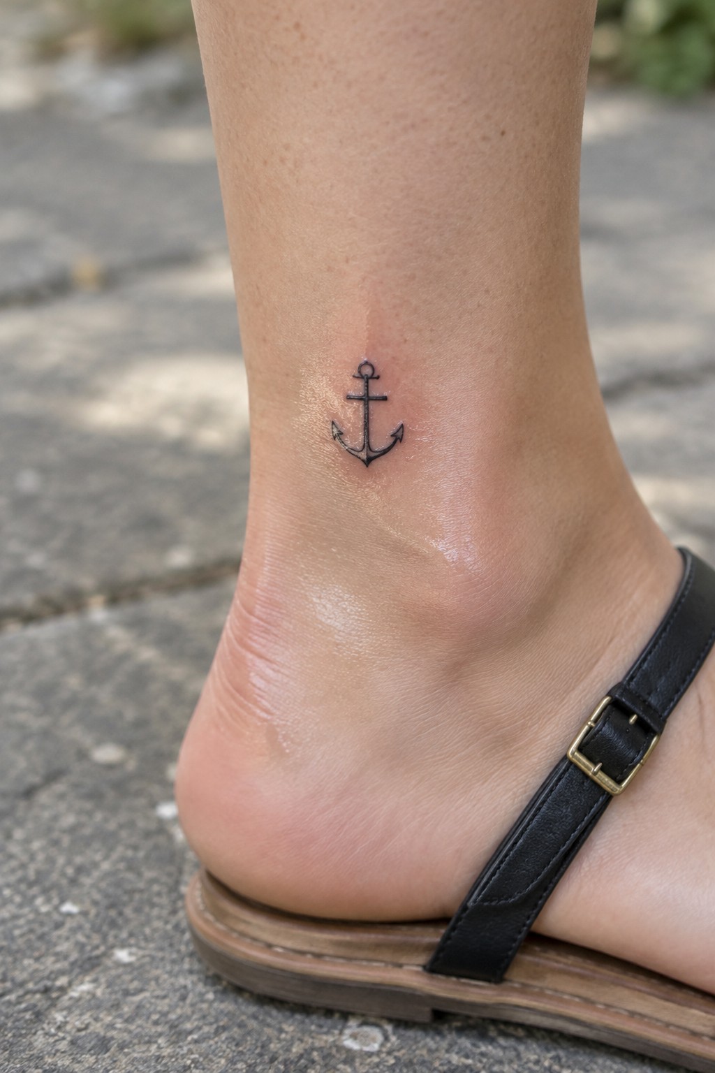Small black anchor tattoo on ankle above black sandal with gold buckle