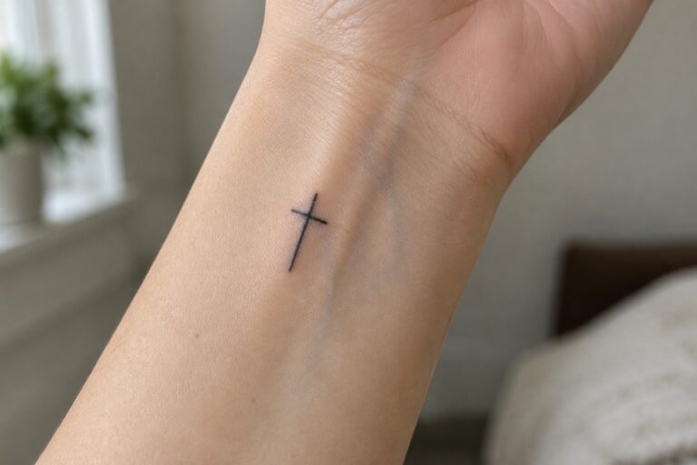 20 Small Biblical Tattoos Featuring Minimalist Christian Symbols Small black cross tattoo on inner wrist above white knitted sleeve