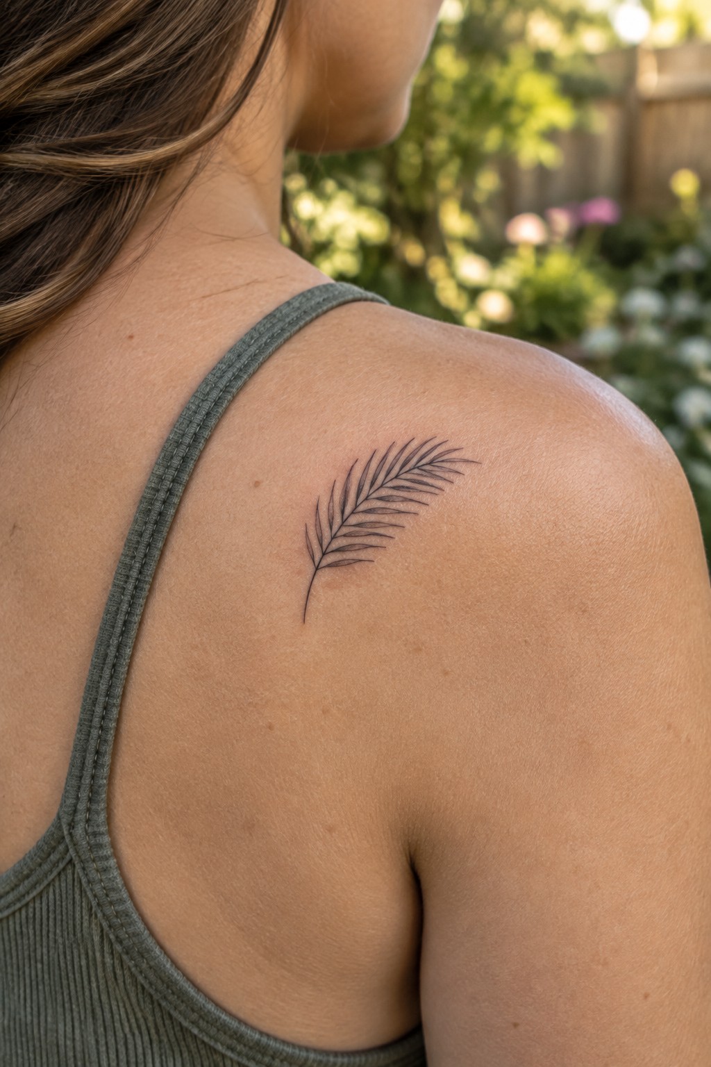 Small fern tattoo on shoulder above gray ribbed tank top in garden