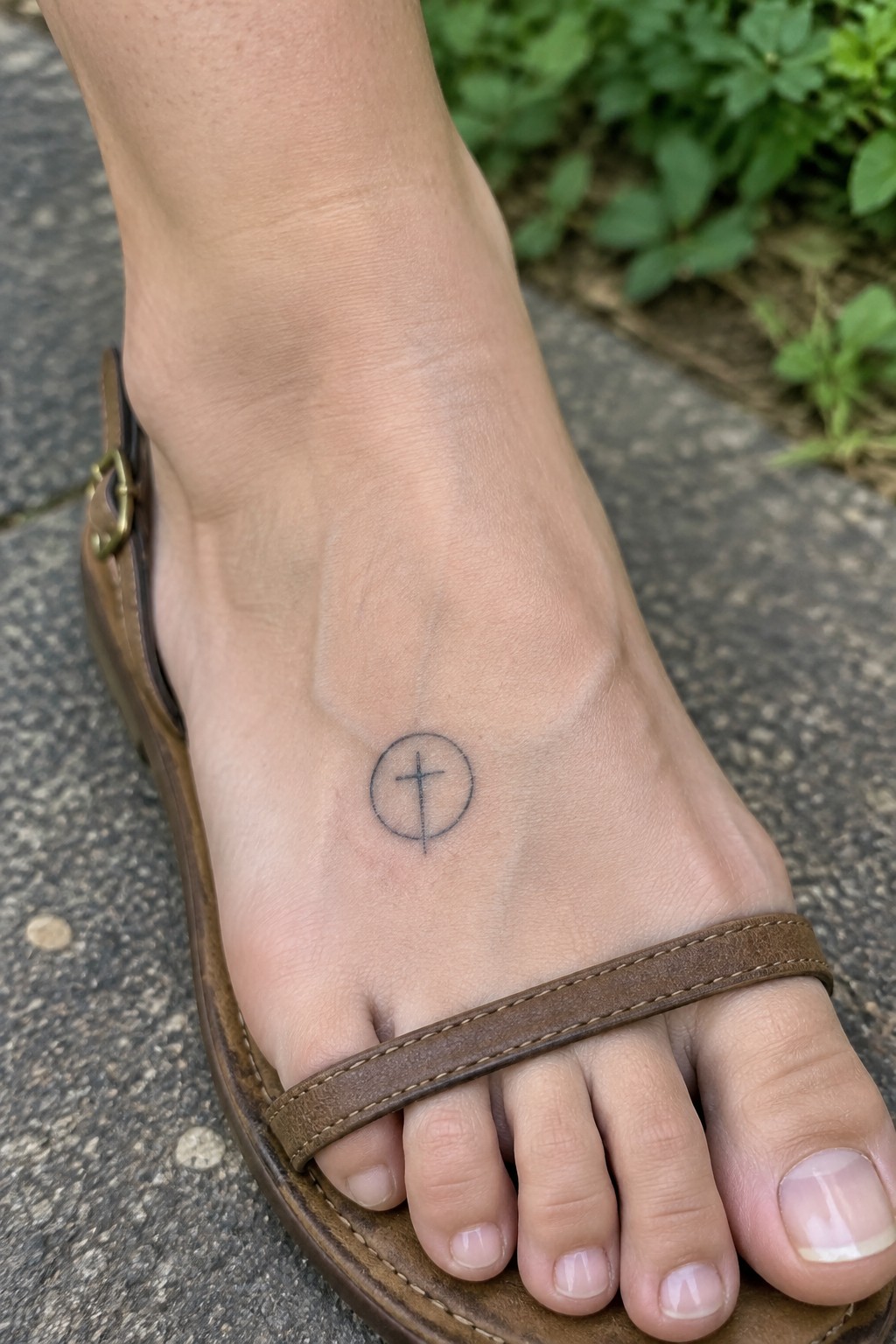 Foot in brown leather sandal with small black cross-in-circle tattoo on top