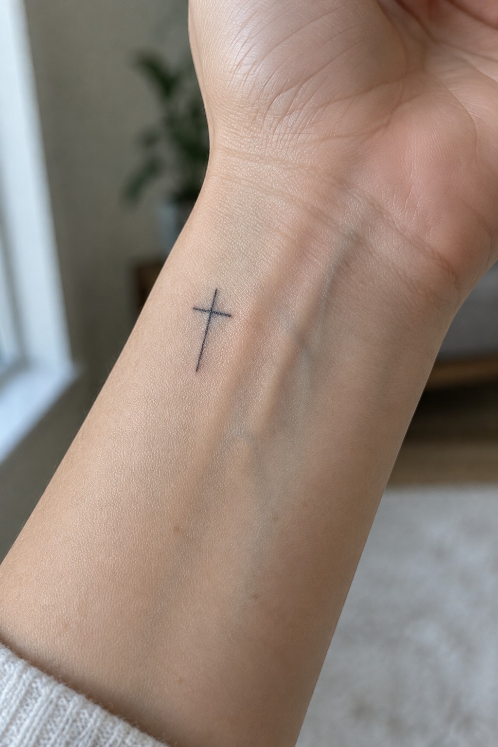 Small black cross tattoo on inner wrist above white knitted sleeve
