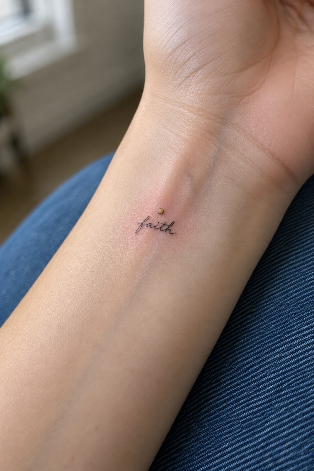 Minimalist cursive faith tattoo with a small gold dot on the inner wrist