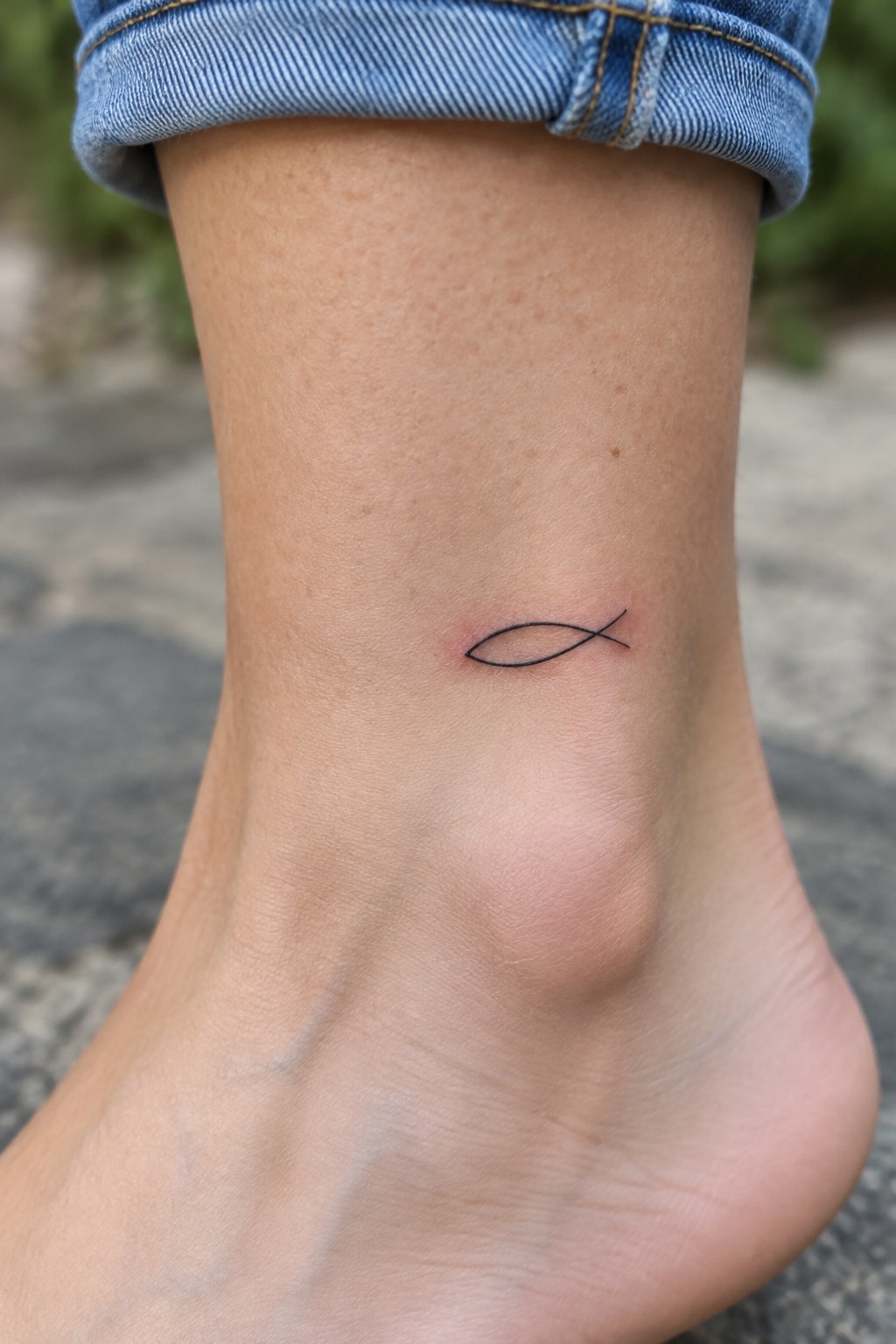 Minimalist black line fish tattoo on the ankle