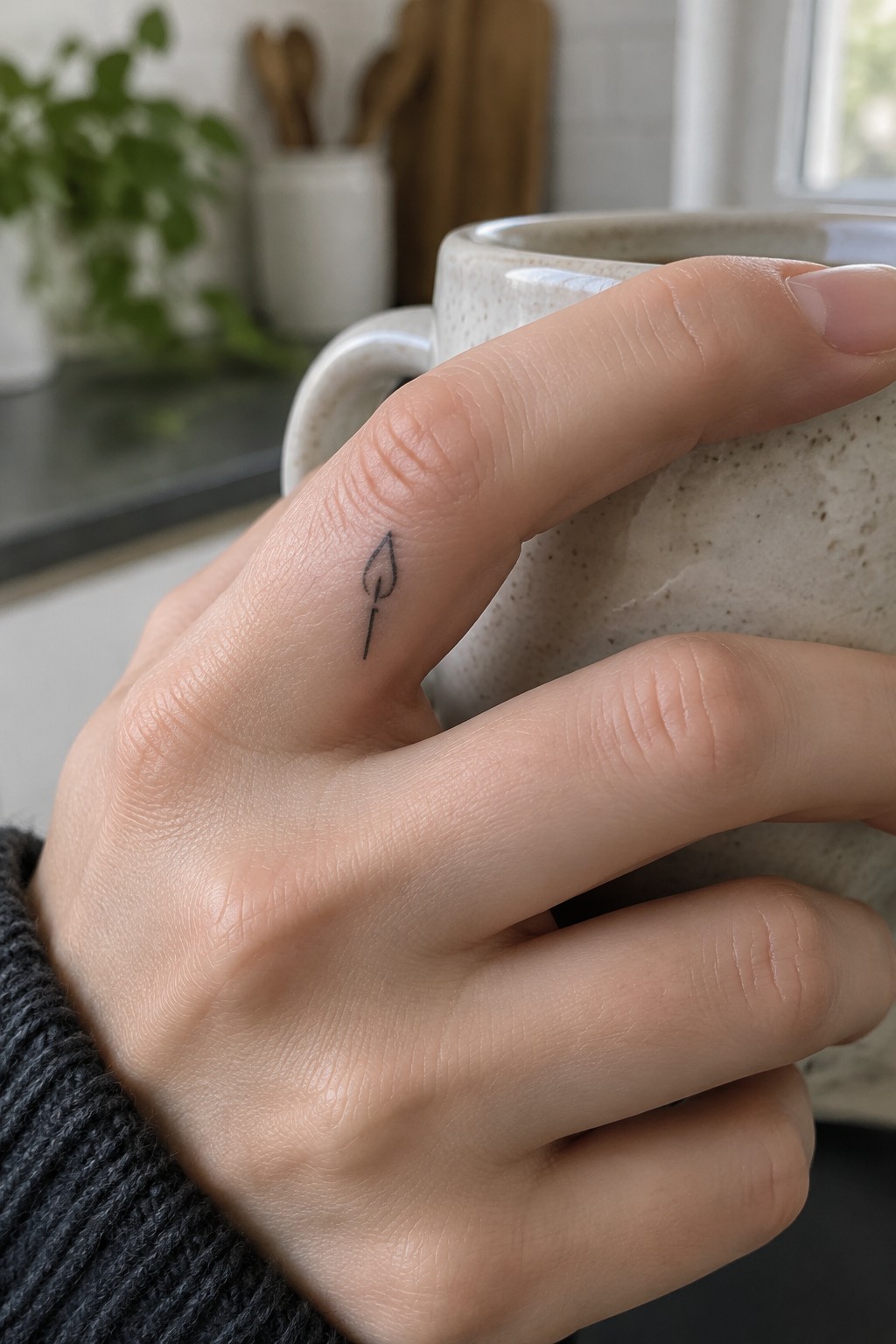 Hand in gray knit sleeve shows small black flame tattoo on finger holding mug