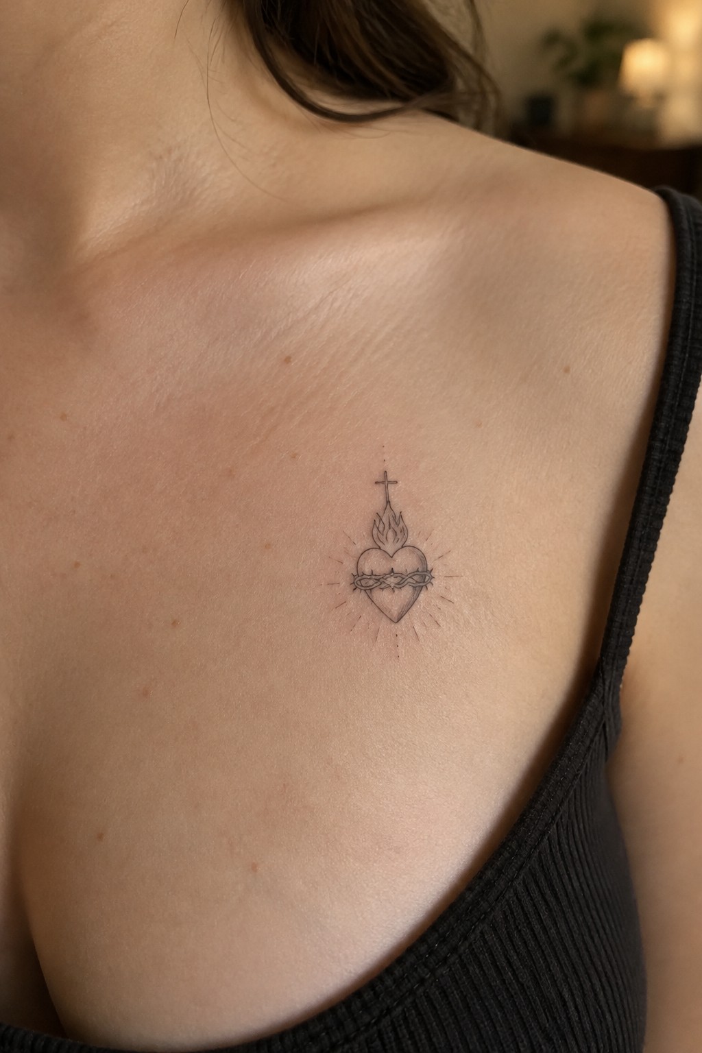 Black sacred heart tattoo with flames, cross, and thorns on upper back above black tank top.