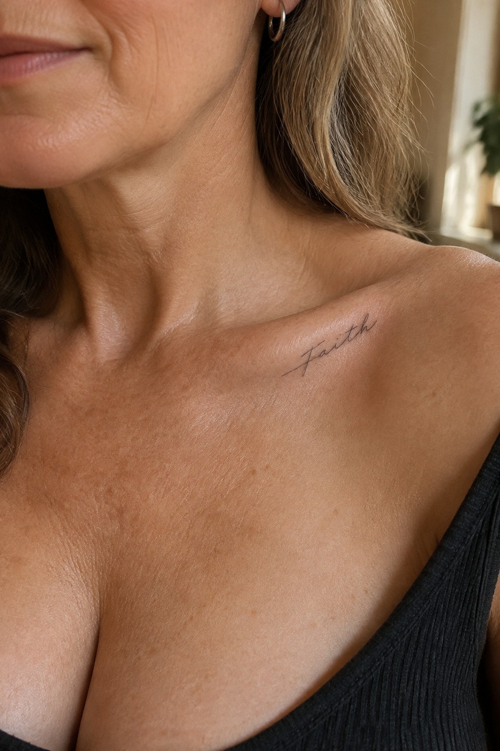 Woman's freckled shoulder with cursive Faith tattoo above black ribbed top
