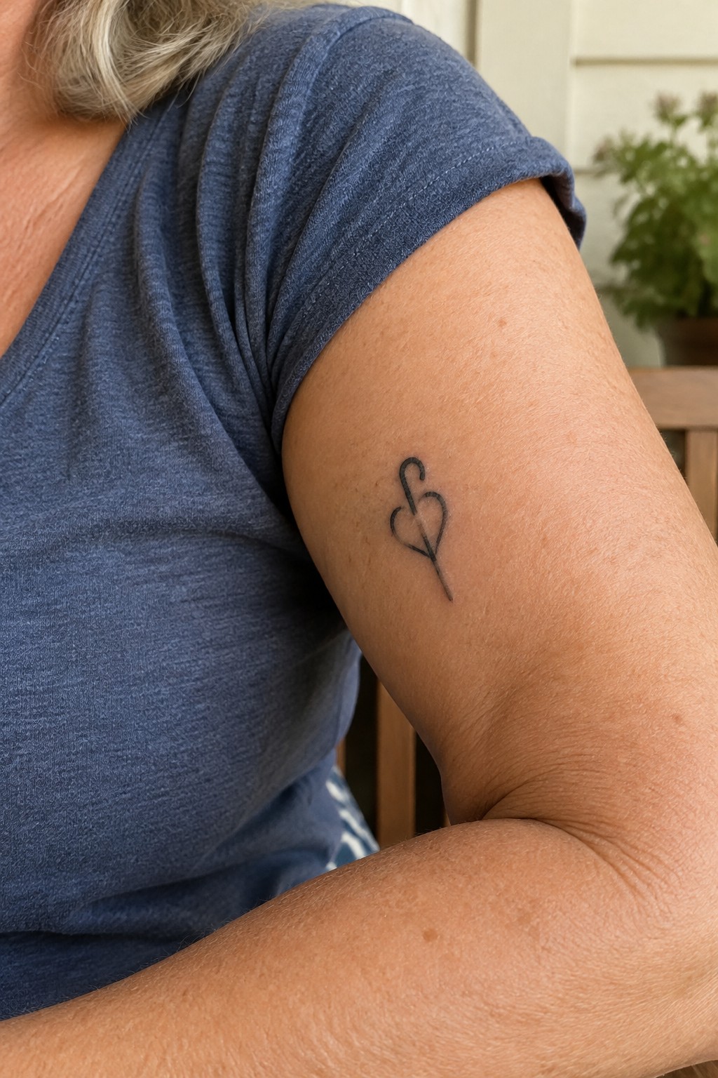 Blue t-shirt revealing small black heart-with-hook tattoo on upper arm