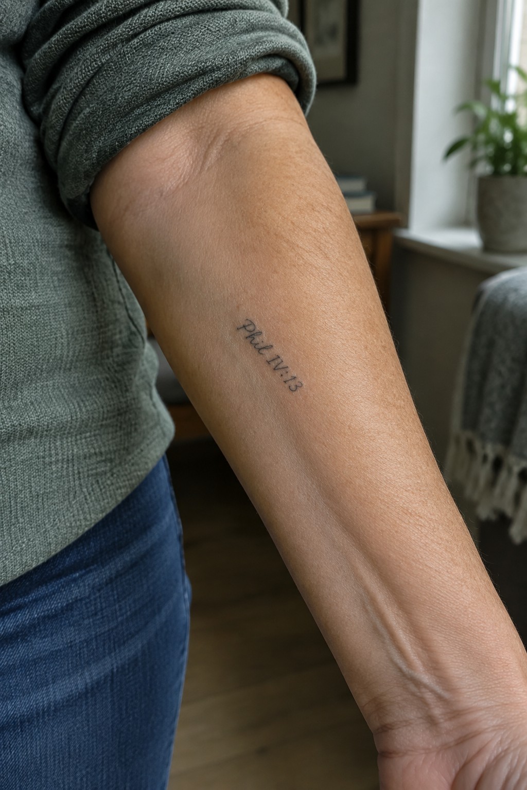 Arm with 'Phil IV:13' tattoo, rolled gray sleeve, blue jeans in room.