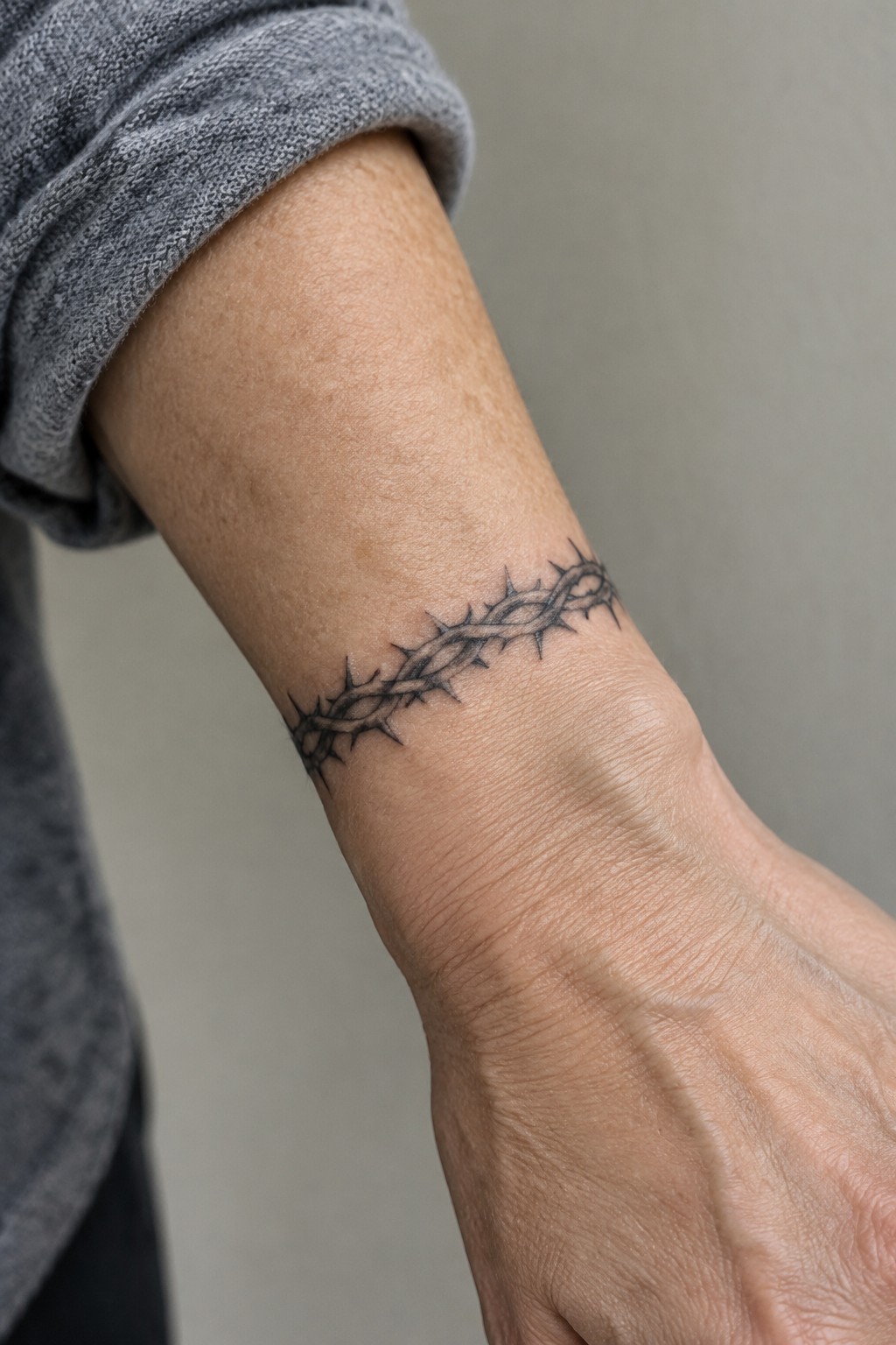 Gray rolled sleeve above a barbed wire tattoo on wrinkled wrist