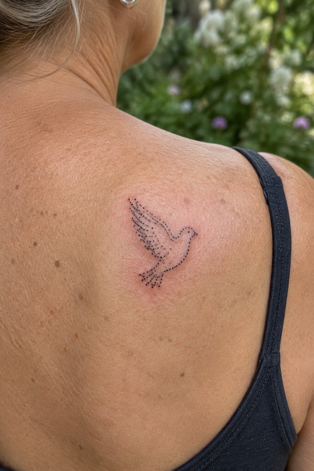Light-skinned shoulder with black dotted bird tattoo above tank top strap