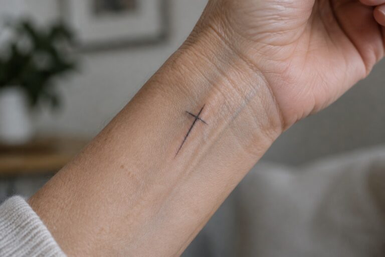 Small black cross tattoo on the inner wrist of a woman's hand