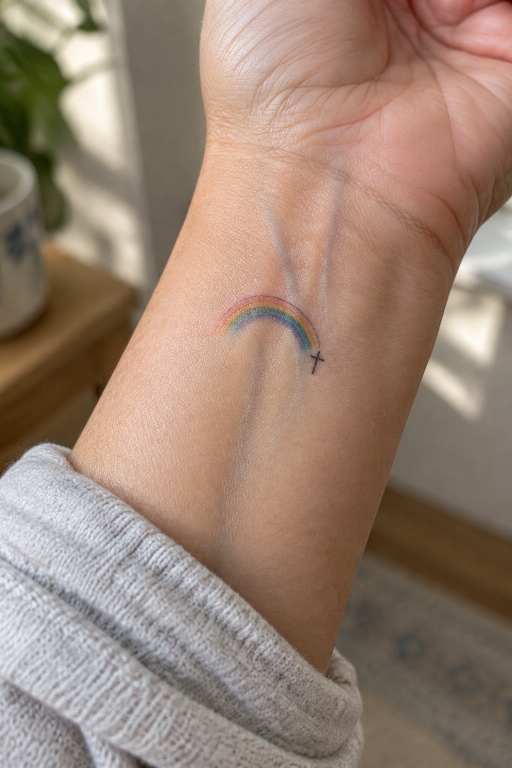 Wrist with colorful rainbow tattoo beside small black cross, gray knit sweater cuff visible.