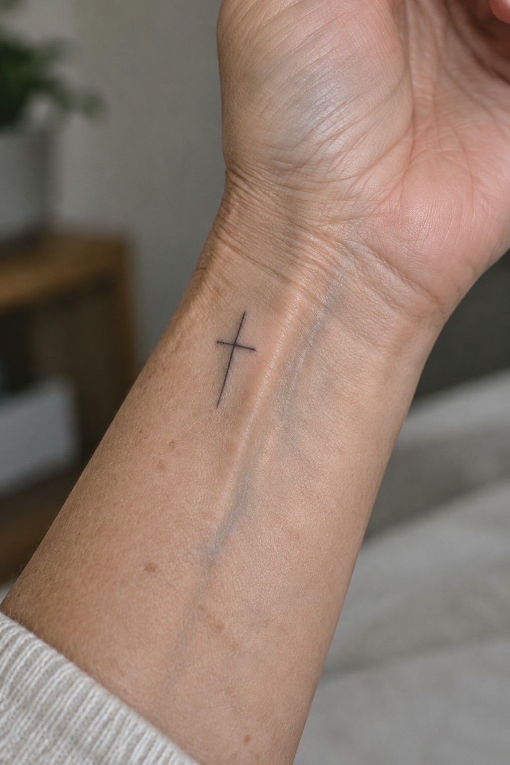 Small black cross tattoo on the inner wrist of a woman's hand