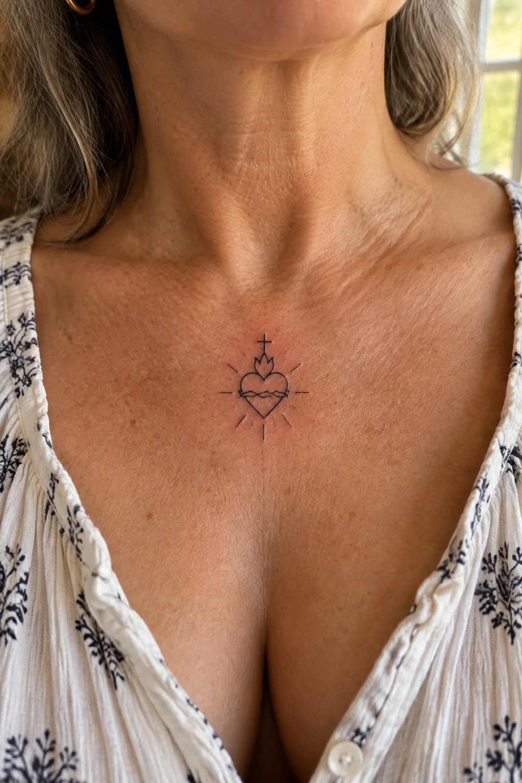 Sacred heart tattoo with cross and rays on chest above floral blouse